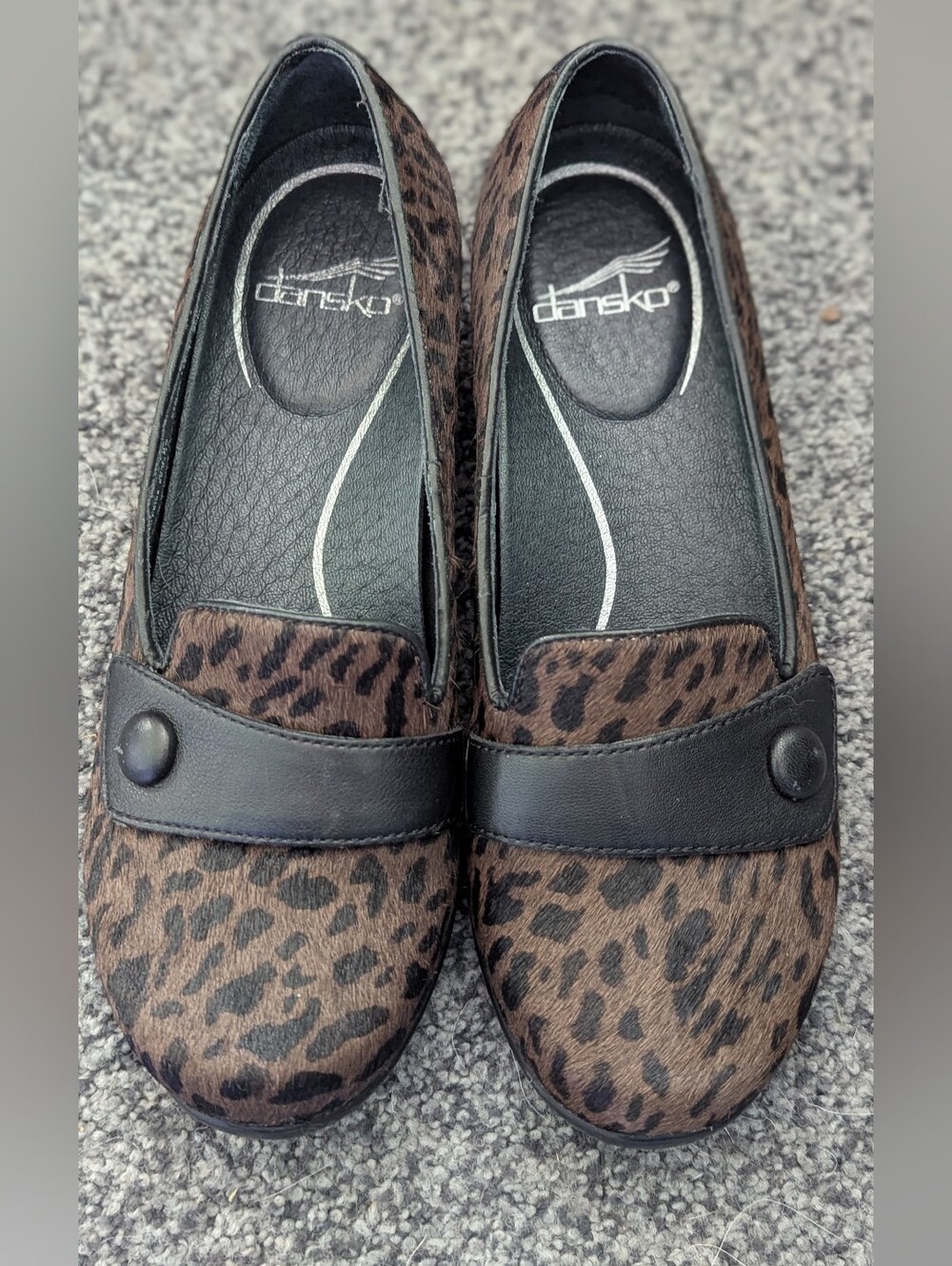 Dansko Olena Calf Hair Brown Leopard Print Slip-On Loafers with Black Strap